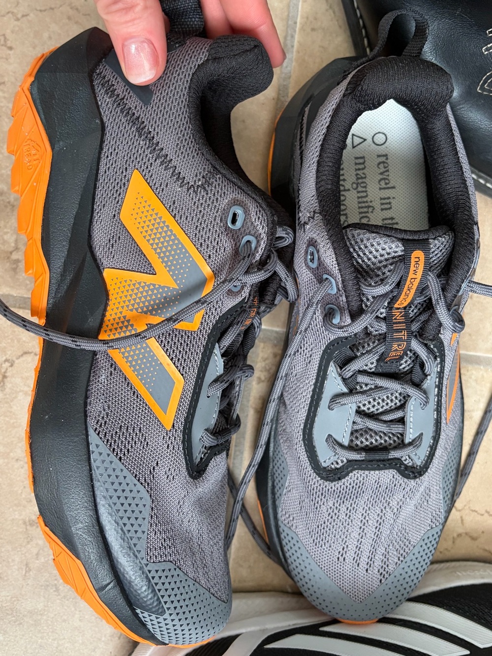 New Balance Gray and Orange Boys 5.5 Trail Tennis Shoes